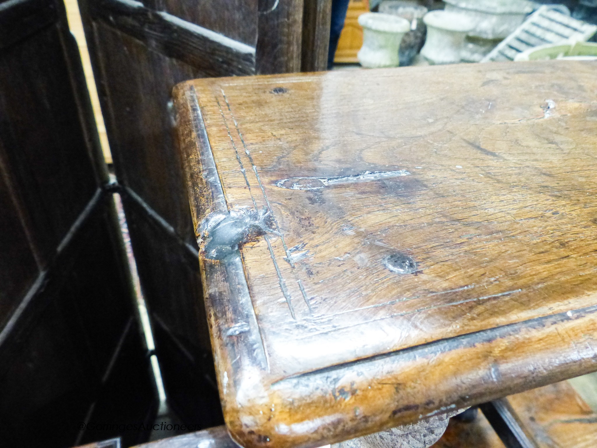 A Victorian 17th century style oak stool, length 46cm, depth 28cm, height 56cm